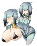  1girl between_breasts bikini bikini_top black_bikini blush breasts brown_hair huge_breasts kemono_friends long_hair looking_at_viewer necktie pantyhose shoebill_(kemono_friends) short_shorts shorts silver_hair simple_background sinensian skindentation solo swimsuit white_background yellow_eyes 