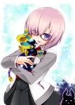  1girl animal aura black-framed_eyewear black_dress blush cat dark_aura dress eyes_visible_through_hair fate/grand_order fate_(series) fou_(fate/grand_order) glasses hair_over_one_eye highres hisame_genta jacket jealous lavender_hair looking_at_viewer necktie open_mouth shielder_(fate/grand_order) short_hair smile type-moon violet_eyes 