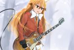  1girl absurdres black_gloves blazer blonde_hair bow bowtie brown_eyes brown_hair ezo_red_fox_(kemono_friends) fang fingerless_gloves fur_trim gloves guitar hair_between_eyes highres holding_instrument instrument jacket kemono_friends les_paul long_hair long_sleeves miyako_(miyako_lplover) multicolored_hair music necktie orange_necktie parted_lips playing_instrument pleated_skirt plectrum skirt snow solo sweatdrop two-tone_hair white_bow white_bowtie white_skirt wire 