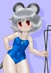  1girl animal_ears blue_swimsuit competition_school_swimsuit dowsing_rod grey_hair hand_on_hip jewelry mouse_ears mouse_tail nazrin pendant red_eyes school_swimsuit solo swimsuit tail touhou winn 