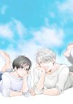  2boys barefoot black_hair blue-framed_eyewear blue_eyes blue_sky brown_eyes chin_rest glasses highres jewelry katsuki_yuuri lying male_focus multiple_boys on_stomach open_mouth ring saeko_(artist) silver_hair sky smile viktor_nikiforov yuri!!!_on_ice 