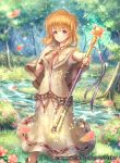  1girl bangs bow bowtie brown_eyes brown_hair capelet company_connection copyright_name dress eyebrows_visible_through_hair fire_emblem fire_emblem:_seisen_no_keifu fire_emblem_cipher flower forest hand_on_own_chest highres holding holding_staff lake lana_(fire_emblem) looking_at_viewer naka_(2133455) nature official_art outdoors petals short_hair short_sleeves smile solo sparkle staff 