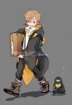  1boy blonde_hair boots briefcase coin curly_hair fantastic_beasts_and_where_to_find_them freckles green_eyes grey_background hogwarts_uniform male_focus mouth_hold newt_scamander niffler school_uniform simple_background solo sonnet_form suspenders twitter_username walking wand 