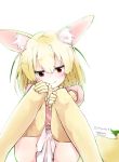  1girl animal_ears blonde_hair blush brown_eyes dated fennec_(kemono_friends) fox_ears fox_tail half-closed_eyes kemono_friends kuroneko_no_toorimichi looking_at_viewer pleated_skirt puffy_short_sleeves puffy_sleeves short_sleeves simple_background sitting skirt smile solo solo_focus sweater_vest tail thigh-highs white_background white_skirt zettai_ryouiki 