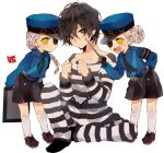  1boy 2girls anger_vein belt black_hair blonde_hair braid caroline_(persona_5) chains clipboard collarbone double_bun eyelashes eyepatch gloves hat justine_(persona_5) kneehighs kurusu_akira long_hair multiple_girls necktie open_mouth persona persona_5 police police_uniform prison_clothes short_hair shorts sitting standing suke_(mo8460) sweatdrop uniform weapon white_background yellow_eyes 