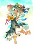  &gt;:d 1girl :d barefoot blue_dress blue_eyes blue_hair bow cirno dress fairy_wings flower food hair_bow hat hidden_star_in_four_seasons ice ice_cream ice_wings looking_at_viewer mouth_hold one_eye_closed open_mouth see-through_silhouette short_hair smile straw_hat sun_hat sunflower tan thick_eyebrows toes touhou wings zounose 