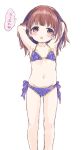  1girl :o armpits arms_up bangs bikini blush brown_eyes brown_hair child eyebrows_visible_through_hair flat_chest heart highres konayama_kata long_hair looking_at_viewer navel open_mouth original polka_dot polka_dot_bikini purple_bikini simple_background solo speech_bubble standing swimsuit translation_request white_background 