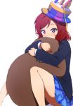  1girl blazer cake_hat covering_mouth highres icehotmilktea jacket long_sleeves love_live! love_live!_school_idol_project nishikino_maki pillow pillow_hug redhead school_uniform simple_background sitting skirt solo streamers violet_eyes white_background 