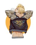  111111111_(leiyao) 1boy arms_behind_head back blonde_hair blue_eyes chewing_gum chocobo final_fantasy final_fantasy_xv from_behind hands_clasped jacket male_focus midriff own_hands_together prompto_argentum solo yellow_background 