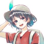  1girl :d backpack bag black_hair blue_eyes blush bucket_hat commentary eyebrows_visible_through_hair eyelashes hair_between_eyes hand_on_headwear hat hat_feather head_tilt inumoto kaban_(kemono_friends) kemono_friends looking_at_viewer no_gloves nostrils open_mouth red_shirt shiny shiny_hair shirt short_hair short_sleeves simple_background sketch smile solo tareme teeth upper_body upper_teeth white_background 