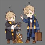  2boys age_comparison blonde_hair bowtruckle briefcase coin fantastic_beasts_and_where_to_find_them freckles full_body gem green_eyes grey_background hair_over_one_eye hogwarts_uniform jewelry multiple_boys necklace newt_scamander niffler pearl_necklace scarf school_uniform simple_background sonnet_form wand younger 