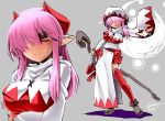  1girl blush breasts demon_girl demon_horns hair_over_eyes hisame_genta holding holding_staff hood horns large_breasts long_hair necktie open_mouth original pointy_ears red_eyes red_legwear red_necktie robe sidelocks solo staff thigh-highs white_mage 