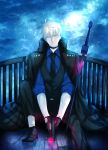  1boy absurdres artoria_pendragon_(all) balcony blonde_hair blue_shirt fate/grand_order fate/prototype fate/stay_night fate_(series) highres looking_at_viewer male_focus necktie night night_sky saber_(fate/prototype) saber_alter seseragi_azuma shirt sitting sky smile solo waistcoat yellow_eyes 