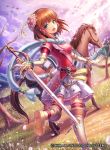  1girl aqua_eyes bangs boots brown_hair company_connection copyright_name elbow_gloves eyebrows_visible_through_hair fire_emblem fire_emblem:_akatsuki_no_megami fire_emblem:_souen_no_kiseki fire_emblem_cipher flower forest gloves hair_flower hair_ornament hairband highres horse knee_boots leg_up looking_at_viewer looking_back mist_(fire_emblem) naka_(2133455) nature official_art open_mouth outdoors scarf short_hair short_sleeves skirt smile solo sword thigh-highs weapon zettai_ryouiki 