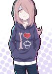  1girl absurdres alternate_costume caibao casual collarbone cowboy_shot graphic_shirt hair_over_one_eye half-closed_eyes hands_in_pockets headphones highres hood hoodie jitome little_witch_academia long_hair orange_eyes pale_skin pink_hair simple_background smile solo sucy_manbavaran 