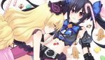  2girls bare_shoulders black_hair blonde_hair blush breasts candy candy_cane chou_megami_shinkou_noire_gekishin_black_heart cream cream_on_face female food food_on_face game_cg highres lady_wakku long_hair medium_breasts midriff multiple_girls neptune_(series) noire official_art red_eyes smile tongue tongue_out tsunako twintails yuri 