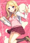  1girl ahoge akamatsu_kaede backpack bag bangs beamed_quavers black_legwear blonde_hair blush breasts brown_shoes crotchet dangan_ronpa dutch_angle eyebrows_visible_through_hair hands_up highres holding holding_paper index_finger_raised kneehighs knees_together_feet_apart long_hair looking_at_viewer medium_breasts musical_note musical_note_hair_ornament new_dangan_ronpa_v3 open_mouth paint_splatter paper pink_background pleated_skirt pointing pointing_at_viewer purple_skirt quaver school_uniform sheet_music shoes skirt sneakers solo sweater_vest swept_bangs toosaka_asagi violet_eyes 