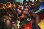  2girls breasts brown_hair card center_opening citemer cleavage genderswap genderswap_(mtf) hat heart large_breasts league_of_legends leotard lips lipstick long_hair looking_at_viewer makeup malcolm_graves multiple_girls pantyhose parted_lips playing_card twisted_fate weapon 