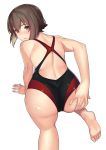  1girl ass barefoot brown_eyes brown_hair competition_swimsuit from_behind girls_und_panzer highres kagematsuri looking_at_viewer nishizumi_maho one-piece_swimsuit short_hair simple_background solo swimsuit white_background 