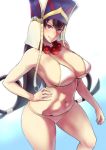  1girl bifidus bikini bikini_bottom bikini_top breasts brown_eyes brown_hair cleavage commentary_request cowboy_shot fate/grand_order fate_(series) gradient gradient_background hand_on_hip hay headdress large_breasts long_hair looking_at_viewer navel shadow smile solo swimsuit white_background white_bikini xuanzang_(fate/grand_order) 