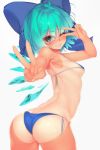  1girl ;d ahoge armpits ass bare_arms bare_back bare_shoulders bikini blue_bikini blue_bow blue_eyes blue_hair blush bow breasts cirno clenched_teeth cowboy_shot double_v eyebrows eyebrows_visible_through_hair fairy fingernails hair_bow hand_gesture hidden_star_in_four_seasons ice ice_wings looking_at_viewer looking_back nose_blush one-piece_tan one_eye_closed open_mouth outstretched_arm rukitsura short_hair side-tie_bikini sideboob simple_background small_breasts smile solo standing swimsuit tan tanline teeth touhou under_boob v v_over_eye white_background wings 