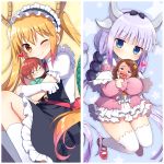  animal_ears bangs black_bow blonde_hair blue_eyes blush bow character_doll closed_mouth dragon_girl dragon_horns dragon_tail dress gloves hair_ornament heart hime_cut horns hug kanna_kamui kneehighs kobayashi-san_chi_no_maidragon kobayashi_(maidragon) long_hair long_sleeves maid mauve one_eye_closed purple_hair red_shoes saikawa_riko short_sleeves socks tail thigh-highs tooru_(maidragon) twintails white_gloves white_legwear wink 