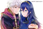  1boy 1girl birthday blue_eyes blue_hair blush cape couple fire_emblem fire_emblem:_kakusei hetero intelligent_systems long_hair looking_at_another love lucina male_my_unit_(fire_emblem:_kakusei) mejiro my_unit_(fire_emblem:_kakusei) nintendo reflet short_hair simple_background smile super_smash_bros. super_smash_bros_for_wii_u_and_3ds tiara white_background 