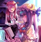  2girls absurdres bat_wings blush book breasts closed_eyes collared_shirt crescent crescent_moon_pin cup denchu_(kazudentyu) fangs hair_ribbon hat head_wings highres koakuma long_hair medium_breasts mob_cap multiple_girls necktie open_mouth pajamas patchouli_knowledge profile purple_hair reading red_eyes redhead ribbon shirt sitting skirt smile standing teacup teapot touhou tress_ribbon vest wings 