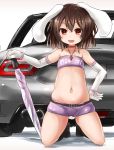  1girl animal_ears arm_at_side bare_shoulders black_hair black_legwear bunny_tail car carrot_necklace collarbone elbow_gloves gloves groin ground_vehicle highres inaba_tewi kihuzinz kneeling looking_at_viewer midriff motor_vehicle navel parasol rabbit_ears racequeen red_eyes short_hair smile socks solo stomach strapless tail touhou tubetop umbrella white_gloves 