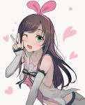  1girl a.i._channel animal_ears bow breasts bridal_gauntlets brown_hair commentary_request dress green_eyes hairband heart idol idol_clothes kizuna_ai long_hair looking_at_viewer one_eye_closed open_mouth rabbit_ears sidelocks skirt sleeveless sleeveless_dress small_breasts smile solo upper_body v walzrj white_background 