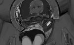  1girl faux_traditional_media from_below girls_und_panzer greyscale highres jacket kotoyama looking_at_viewer monochrome nishizumi_miho ooarai_military_uniform pleated_skirt shadow skirt solo standing sweatdrop tank_interior thighs upskirt vehicle_interior 