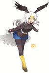  1girl :d bald_eagle_(kemono_friends) belt bent_over bird_tail bird_wings black_jacket black_legwear blonde_hair blue_skirt boots breast_pocket brown_boots brown_footwear buttons eyebrows_visible_through_hair eyelashes feathered_wings floating_hair full_body gloves gradient_boots gradient_footwear gradient_hair grey_hair hair_between_eyes head_wings highres jacket japari_symbol kei_(soundcross) long_hair long_sleeves looking_at_viewer military military_jacket military_uniform multicolored_boots multicolored_hair open_mouth outstretched_arms pantyhose pleated_skirt pocket simple_background skirt smile solo standing tail teeth tsurime two-tone_boots two-tone_footwear uniform upper_teeth white_background white_belt white_gloves white_hair wings yellow_boots yellow_buttons yellow_eyes yellow_footwear 