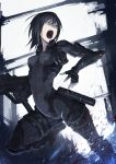  1girl action aqua_eyes arched_back black_hair blood bodysuit commentary_request gun hetza_(hellshock) looking_to_the_side military open_mouth original revision short_hair snap-fit_buckle solo weapon 