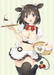  1girl :o animal_ears apron badge bell black_legwear blush bow bowtie breasts brown_eyes brown_hair button_badge cleavage commentary_request cow_ears cow_girl cow_tail crop_top detached_collar extra_ears eyebrows_visible_through_hair flying_sweatdrops horns large_breasts leg_up loafers looking_at_viewer midriff navel open_mouth original peko pleated_skirt puffy_short_sleeves puffy_sleeves shoes short_sleeves simple_background skirt solo striped sweatdrop tail tail_bell tail_bow thigh-highs tray vertical-striped_background vertical_stripes waist_apron 