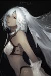  1girl altera_(fate) arm_warmers bandeau bangs bare_shoulders black_background black_bikini_bottom blunt_bangs breasts brown_lipstick character_name choker collarbone cowboy_shot dark_skin detached_sleeves eyebrows_visible_through_hair eyelashes fate/extella fate/extra fate/grand_order fate_(series) from_side grey_hair headpiece highres lipstick looking_at_viewer makeup marumoru midriff navel parted_lips red_eyes revealing_clothes short_hair signature simple_background small_breasts smile solo veil white_bikini_top white_hair 