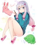  1girl bangs blue_eyes blush bow chiune_(yachi) closed_mouth eromanga_sensei eyebrows_visible_through_hair full_body gradient_hair grey_hair hair_bow highres holding izumi_sagiri knees_together_feet_apart long_hair long_sleeves looking_at_viewer low-tied_long_hair multicolored_hair naked_sweater pink_bow sandals silver_hair sleeves_past_wrists slippers solo stuffed_animal stuffed_bunny stuffed_toy stylus sweater thighs wavy_mouth 
