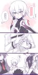  2boys 2girls 3koma assassin_of_black bandage bangs bare_shoulders black_hair blurry blurry_vision blush censored_text closed_mouth collared_shirt comic commentary_request dagger dual_wielding eyebrows_visible_through_hair fainting fate/apocrypha fate/grand_order fate_(series) fujimaru_ritsuka_(male) gloves gradient_eyes green_eyes hair_between_eyes halterneck hand_up highres himo_(himazin) holding holding_knife holding_weapon knife labcoat long_hair long_sleeves looking_at_another looking_at_viewer lying multicolored multicolored_eyes multiple_boys multiple_girls necktie open_mouth red_necktie romani_akiman scar scar_across_eye scar_on_cheek shielder_(fate/grand_order) shirt short_hair silver_hair smile so_moe_i&#039;m_gonna_die! speech_bubble spot_color sweat sweatdrop talking tattoo translation_request trembling upper_body weapon white_background yellow_eyes 