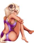  1girl animal_ears armpits bangs bare_arms bare_legs bare_shoulders barefoot blonde_hair breasts competition_swimsuit dark_skin from_side horns large_breasts leg_hug looking_at_viewer looking_to_the_side nana_(mogs1225) one-piece_swimsuit original parted_lips pink_eyes platinum_blonde profile sheep_ears sheep_horns sheep_tail sideboob sitting solo swimsuit 