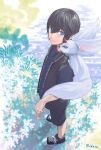  1boy black_hair black_vest blue_eyes carbuncle_(final_fantasy) child converse field final_fantasy final_fantasy_xv flower flower_field from_above kouen_(10chio) looking_at_viewer noctis_lucis_caelum on_shoulder shoes shorts sneakers solo twitter_username vest younger 