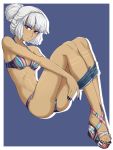  1girl altera_(fate) bangs bare_shoulders bent_knees bikini black_nails blunt_bangs dark_skin denim denim_shorts eyebrows_visible_through_hair fate/extella fate/extra fate_(series) fingernails full_body hair_bun highres ittla looking_at_viewer multicolored multicolored_bikini multicolored_clothes nail_polish navel platform_footwear purple_background red_eyes sandals sharp_fingernails short_shorts shorts shorts_pull simple_background solo swimsuit toes white_hair 