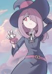  1girl arm_behind_head belt beltskirt cowboy_shot doriyamatsurugi hair_over_one_eye half-closed_eyes hat highres holding little_witch_academia long_hair mushroom pale_skin pink_hair red_eyes robe sucy_manbavaran wide_sleeves witch witch_hat 