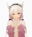  1girl beads commentary_request crepe dragon_horns dress food fruit gradient_hair hair_beads hair_ornament hairband highres holding holding_food horns kanna_kamui kobayashi-san_chi_no_maidragon lavender_hair long_hair looking_at_viewer multicolored_hair risuno_(kukucucu0987) silver_hair simple_background solo strawberry upper_body 