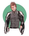  111111111_(leiyao) 1boy brown_hair dress_shirt final_fantasy final_fantasy_xv glasses gloves green_background hands_in_pockets ignis_scientia jacket male_focus shirt solo 