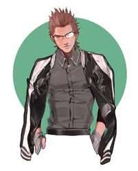  111111111_(leiyao) 1boy brown_hair dress_shirt final_fantasy final_fantasy_xv glasses gloves green_background hands_in_pockets ignis_scientia jacket male_focus shirt solo 