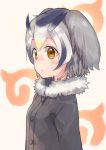  1girl :/ blonde_hair blush brown_eyes buttons collar expressionless eyebrows eyelashes from_side fur_collar gradient_hair grey_coat grey_hair hair_between_eyes head_wings highres japari_symbol kemono_friends long_sleeves looking_at_viewer multicolored_hair northern_white-faced_owl_(kemono_friends) pink_background short_hair simple_background solo tareme ukimesato white_hair wings 