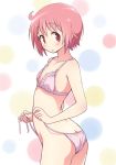  1girl ahoge ass blush bra butt_crack eyebrows_visible_through_hair flat_chest from_side looking_at_viewer mel_(melty_pot) nonohara_yuzuko open_mouth panties pink_bra pink_eyes pink_hair pink_panties short_hair side-tie_panties solo underwear underwear_only untied untied_panties yuyushiki 