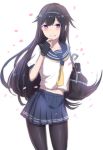  1girl bag black_hair blush commentary_request cowboy_shot fingerless_gloves girls_frontline gloves hairband long_hair looking_at_viewer mole mole_under_eye pantyhose petals pleated_skirt school_uniform simple_background skirt smile solo super_sass_(girls_frontline) violet_eyes xiu_jiayihuizi 