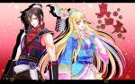  1boy 1girl blonde_hair blue_hair braid brown_hair chacha_(sengoku_musou) cherry_blossoms fingerless_gloves gloves hair_bun hair_ornament hair_stick japanese_clothes jewelry lady_y long_hair multicolored_hair pink_eyes pink_hair purple_hair sarutobi_sasuke_(sengoku_musou) sengoku_musou sparkle tail teeth upper_body 