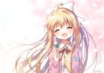  1girl air blonde_hair cardigan closed_eyes dango food hair_ribbon kamio_misuzu long_hair mauve open_mouth pink_cardigan pink_sweater ponytail ribbon solo sweater upper_body wagashi white_ribbon 