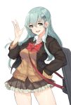  1girl absurdres aqua_eyes aqua_hair cardigan ganida_boushoku hair_ornament hairclip hand_on_hip highres jacket kantai_collection long_hair remodel_(kantai_collection) school_uniform simple_background skirt smile solo suzuya_(kantai_collection) 